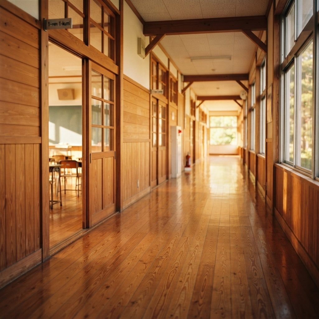 朝の光が差し込む小学校の廊下